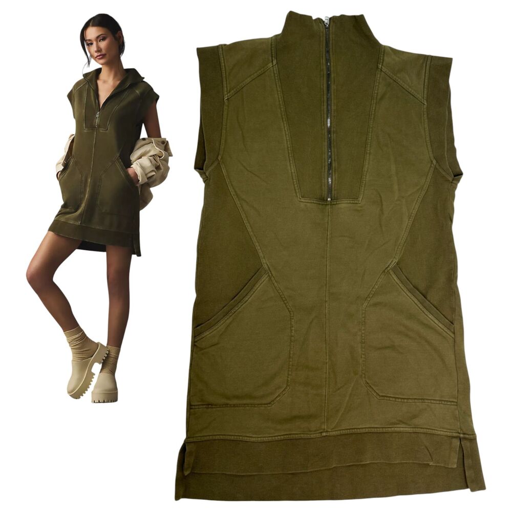 Daily Practice Anthropologie Meru Zip-Front Mini Dress Olive Green Size Large